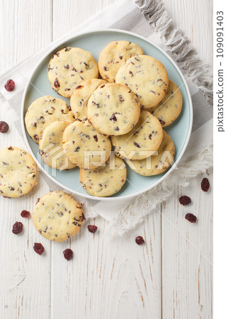 Cranberry orange shortbread cookies are bursting with flavour from dried cranberries and fresh orange zest closeup on the plate. Vertical top view 109091403