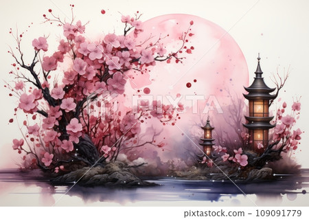 A soft and dreamy watercolor background incorporating elements like cherry blossoms, lanterns, and traditional patterns, suitable for a range of design applications. 109091779
