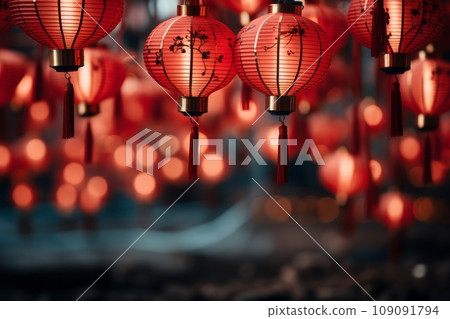 A Rows of red lanterns suspended in the air, creating a visually appealing and celebratory background reminiscent of traditional Chinese New Year decorations. 109091794
