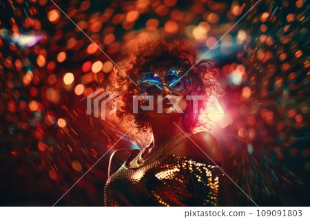 Disco ball and a disco dancer in motion. Surreal and visually striking representation of the disco era's energy and glamour. 109091803