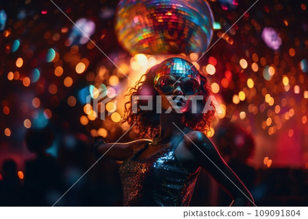 Disco ball and a disco dancer in motion. Surreal and visually striking representation of the disco era's energy and glamour. 109091804
