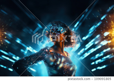 Disco ball and a disco dancer in motion. Surreal and visually striking representation of the disco era's energy and glamour. Disco ball and a disco dancer in motion. Surreal and visually striking representation of the disco era's energy and glamour. 109091805