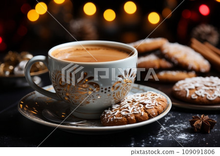 Christmas coffee cup and gingerbread cookies. Festive cozy image. Christmas coffee cup and gingerbread cookies. Festive cozy image. 109091806