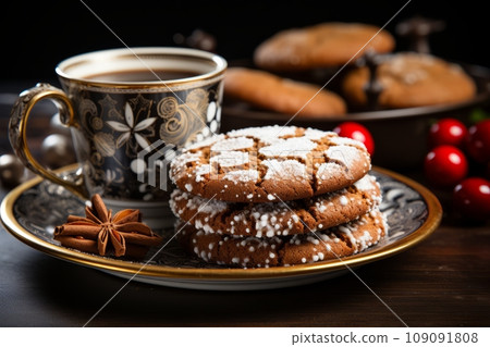 Christmas coffee cup and gingerbread cookies. Festive cozy image. 109091808