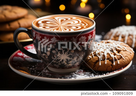 Christmas coffee cup and gingerbread cookies. Festive cozy image. Christmas coffee cup and gingerbread cookies. Festive cozy image. 109091809