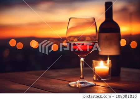 One wine bottle and one wine glass on the table. Christmas Lights on background. One wine bottle and one wine glass on the table. Christmas Lights on background. 109091810