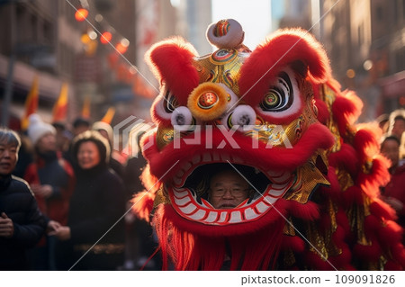 Chinese New Year parade with dragon and lion dancers, traditional performers, and joyful spectators lining the streets. Chinese New Year parade with dragon and lion dancers, traditional performers, and joyful spectators lining the streets. 109091826