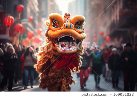 Chinese New Year parade with dragon and lion dancers, traditional performers, and joyful spectators lining the streets. 109091828