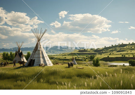 A breathtaking landscape shot of a Native American reservation or ancestral land, emphasizing the connection between indigenous communities and nature. A breathtaking landscape shot of a Native American reservation or ancestral land, emphasizing the connection between indigenous communities and nature. 109091843