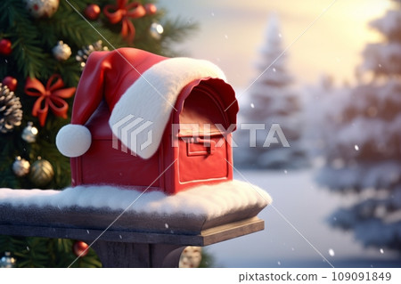 A mailbox with a Santa hat perched on top, symbolizing the holiday season and the anticipation of receiving packages and greetings. 109091849