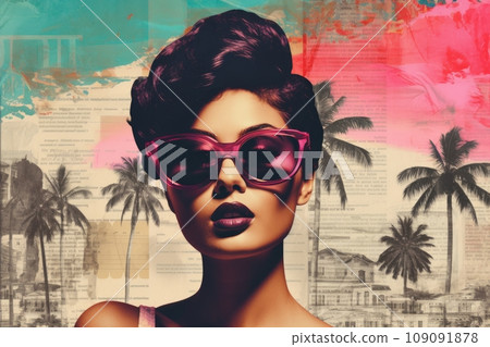 Collage of young woman in retro vaporwave style. Stylish sunglasses and palm trees background. 109091878