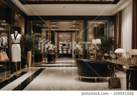 A chic and upscale store interior for Black Friday sales adorned with glamorous , showcasing high-end fashion items and accessories. 109091886