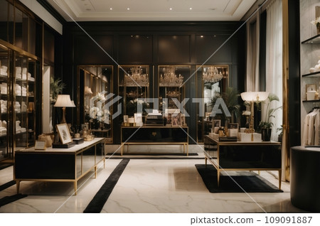 A chic and upscale store interior for Black Friday sales adorned with glamorous , showcasing high-end fashion items and accessories. 109091887