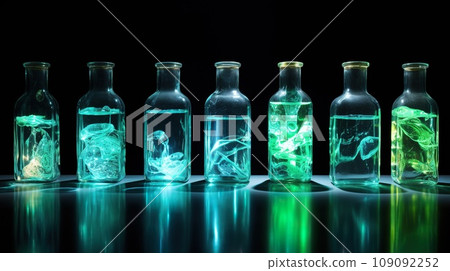 set of old vintage colorful bottles with liquid, chemistry or perfumery 109092252