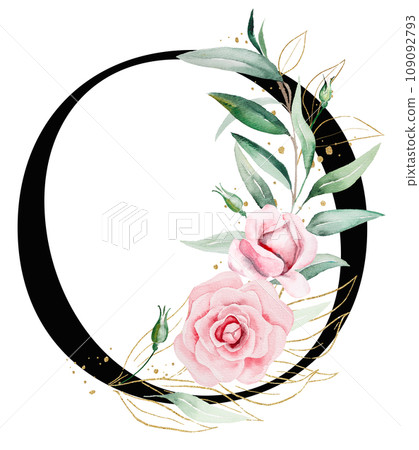 Black letter O with pink watercolor flowers and green and golden leaves, isolated illustration Black letter O with pink watercolor flowers and green and golden leaves, isolated illustration 109092793