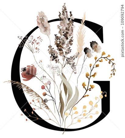 Black capital letter G with brown autumn watercolor wildflowers and leaves, isolated illustration Black capital letter G with brown autumn watercolor wildflowers and leaves, isolated illustration 109092794