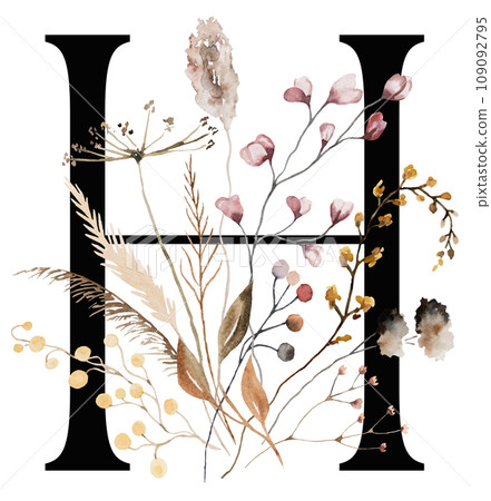 Black capital letter H with brown autumn watercolor wildflowers and leaves, isolated illustration Black capital letter H with brown autumn watercolor wildflowers and leaves, isolated illustration 109092795