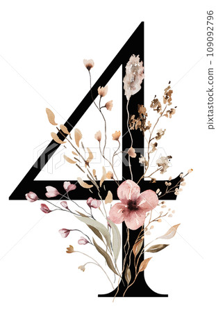 Black number 4 with brown autumn watercolor wildflowers and leaves, isolated illustration Black number 4 with brown autumn watercolor wildflowers and leaves, isolated illustration 109092796