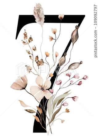 Black number 7 with brown autumn watercolor wildflowers and leaves, isolated illustration Black number 7 with brown autumn watercolor wildflowers and leaves, isolated illustration 109092797
