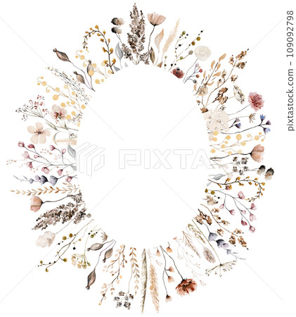 Oval frame with watercolor autumn brown wild flowers and leaves, wedding illustration Oval frame with watercolor autumn brown wild flowers and leaves, wedding illustration 109092798