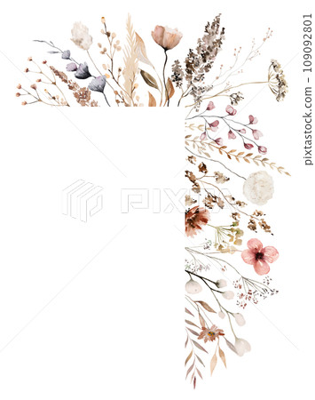 Border with watercolor border with autumn brown wild flowers and leaves, wedding illustration Border with watercolor border with autumn brown wild flowers and leaves, wedding illustration 109092801