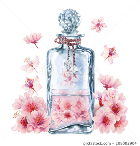 Watercolor pink blossoming cherries with glass bottles, perfume, for wedding, birthday, Valentine's day decoration. Illustration for postcard, border, frame isolated on white background 109092904