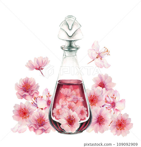 Watercolor pink blossoming cherries with glass bottles, perfume, for wedding, birthday, Valentine's day decoration. Illustration for postcard, border, frame isolated on white background 109092909