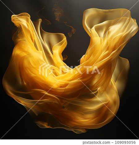 Yellow silk scarf flying on black, texture of yellow thin smooth fabric, folds and play, beautiful bright background, textile wallpaper 109093056