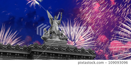 Fireworks over the Golden statue of Liberty on the roof of the Opera Garnier (Garnier Palace). Sculpted by Charles Gumery in 1869. Paris, France. UNESCO World Heritage Site Fireworks over the Golden statue of Liberty on the roof of the Opera Garnier (Garnier Palace). Sculpted by Charles Gumery in 1869. Paris, France. UNESCO World Heritage Site 109093096