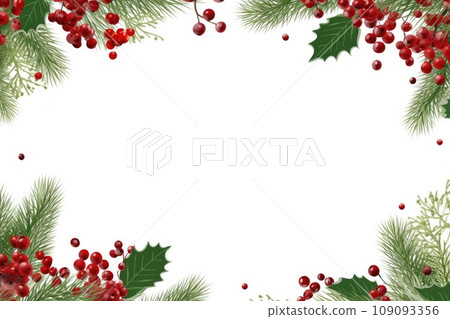 Festive Christmas template or greeting card. Frame with pine branches, greenery and red berries isolated on white background. Generative AI 109093356