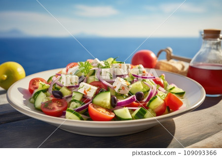 Greek salad with tomatoes, cucumbers, white feta cheese, olives and the sea in the background 109093366