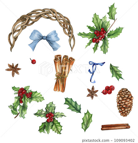 Set of elements for Christmas. Plants, fir branch, ribbons . Watercolor hand drawn illustration for scrapbooking, your design,wedding invitation, poster, party decoration. Set of elements for Christmas. Plants, fir branch, ribbons . Watercolor hand drawn illustration for scrapbooking, your design,wedding invitation, poster, party decoration. 109093402