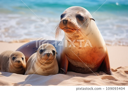 Sea Lion Family in sand lying on beach Sea Lion Family in sand lying on beach 109093404