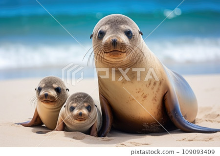 Sea Lion Family in sand lying on beach Sea Lion Family in sand lying on beach 109093409