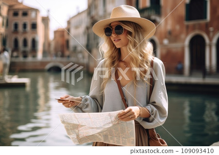 Young blonde tourist with a hat and a map on the streets of Venice, Italy. Guide, tourism in Europe Young blonde tourist with a hat and a map on the streets of Venice, Italy. Guide, tourism in Europe 109093410