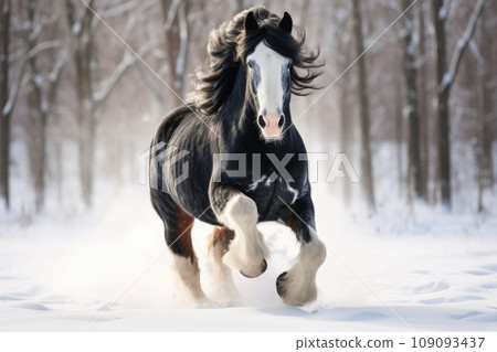 Horse gallop in snow in winter landscape 109093437