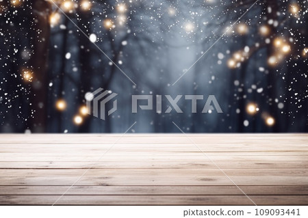 Winter background. Snowy empty table with Christmas lights 109093441