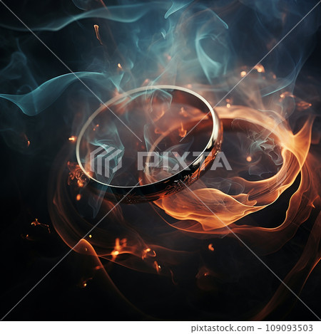 Wedding rings burn and melt on black, fire of love, romantic background, wedding wallpaper 109093503