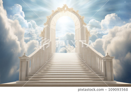 Stairway to Heaven. Stairs in sky. Concept with sun and white clouds. Concept Religion background Stairway to Heaven. Stairs in sky. Concept with sun and white clouds. Concept Religion background 109093568