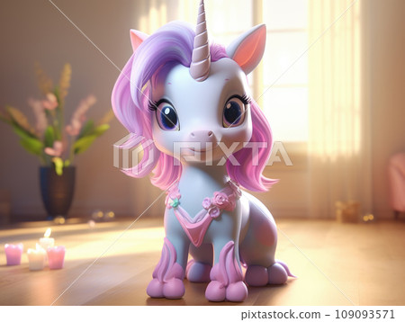A cute cartoon unicorn figurine stands on a gift box on a pink background. Gifts for the girl on a holiday 109093571