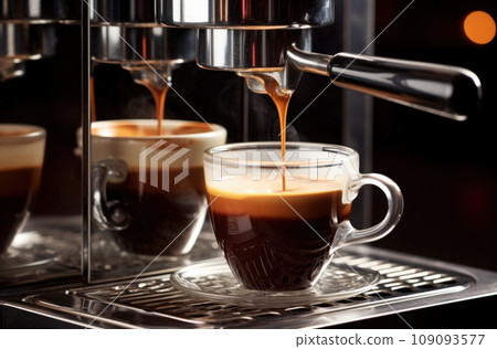 Close-up of espresso pouring from coffee machine. Professional coffee brewing 109093577
