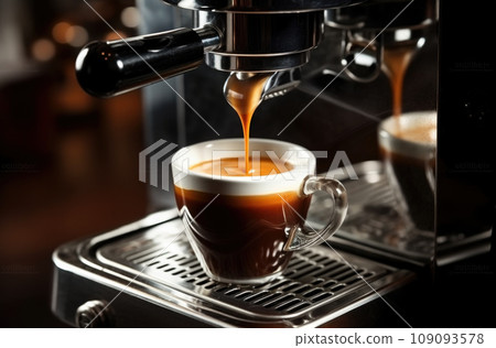 Close-up of espresso pouring from coffee machine. Professional coffee brewing 109093578