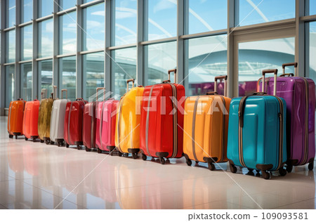 Multicolor packed suitcases on airport background. Travel concept 109093581