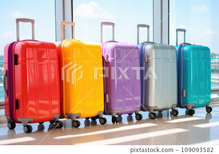 Multicolor packed suitcases on airport background. Travel concept 109093582