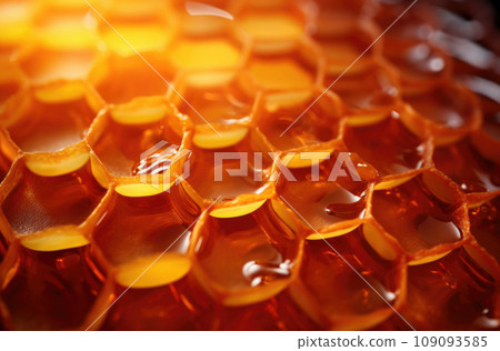 Fragment of honeycomb with full cells in bright sunlight 109093585
