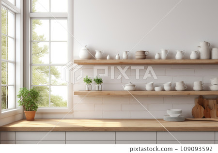 Scandinavian minimalist design in interior of apartment, flat for rent or sale and home blog. Modern plates and cups, kitchen utensils, potted plants on wooden shelves, on light wall, empty space Scandinavian minimalist design in interior of apartment, flat for rent or sale and home blog. Modern plates and cups, kitchen utensils, potted plants on wooden shelves, on light wall, empty space 109093592
