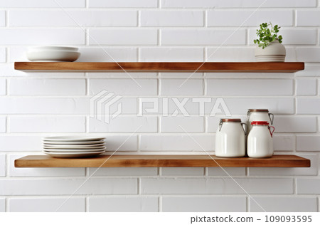 Scandinavian minimalist design in interior of apartment, flat for rent or sale and home blog. Modern plates and cups, kitchen utensils, potted plants on wooden shelves, on light wall, empty space 109093595