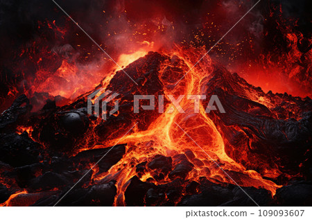 Lava Flows on active volcano. Hot lava and magma coming out of the crater 109093607