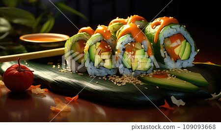 japanese sushi food. Maki ands rolls with tuna, salmon, shrimp, crab and avocado. Rainbow sushi roll, uramaki, hosomaki and nigiri 109093668