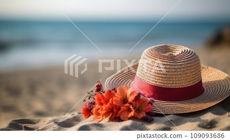 Straw hat on the beach. Beach holiday concept 109093686